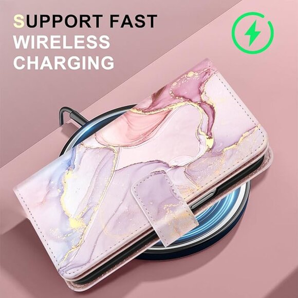 Iphone 15 I6 Pro Max Rose Gold Marble Wallet 9 Card Holder Kickstand Case - Picture 2 of 4